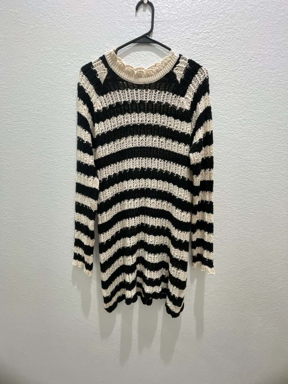 4Sisters Black And White Striped Crochet Knit Sweater Dress